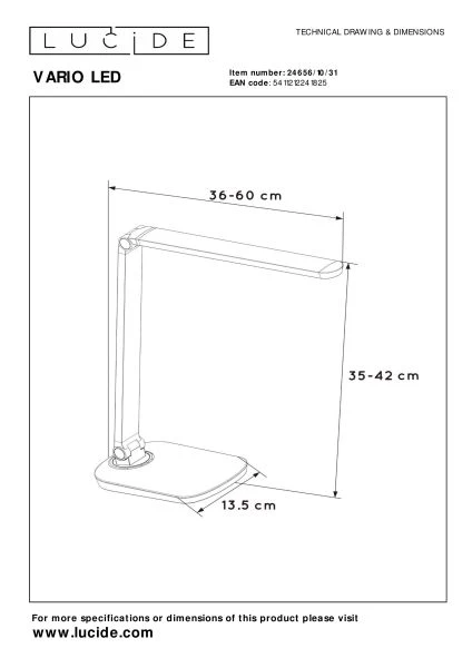 Lucide VARIO LED - Lámpara de escritorio - LED Dim to warm - 1x8W 2700K/6500K - Blanco - técnico